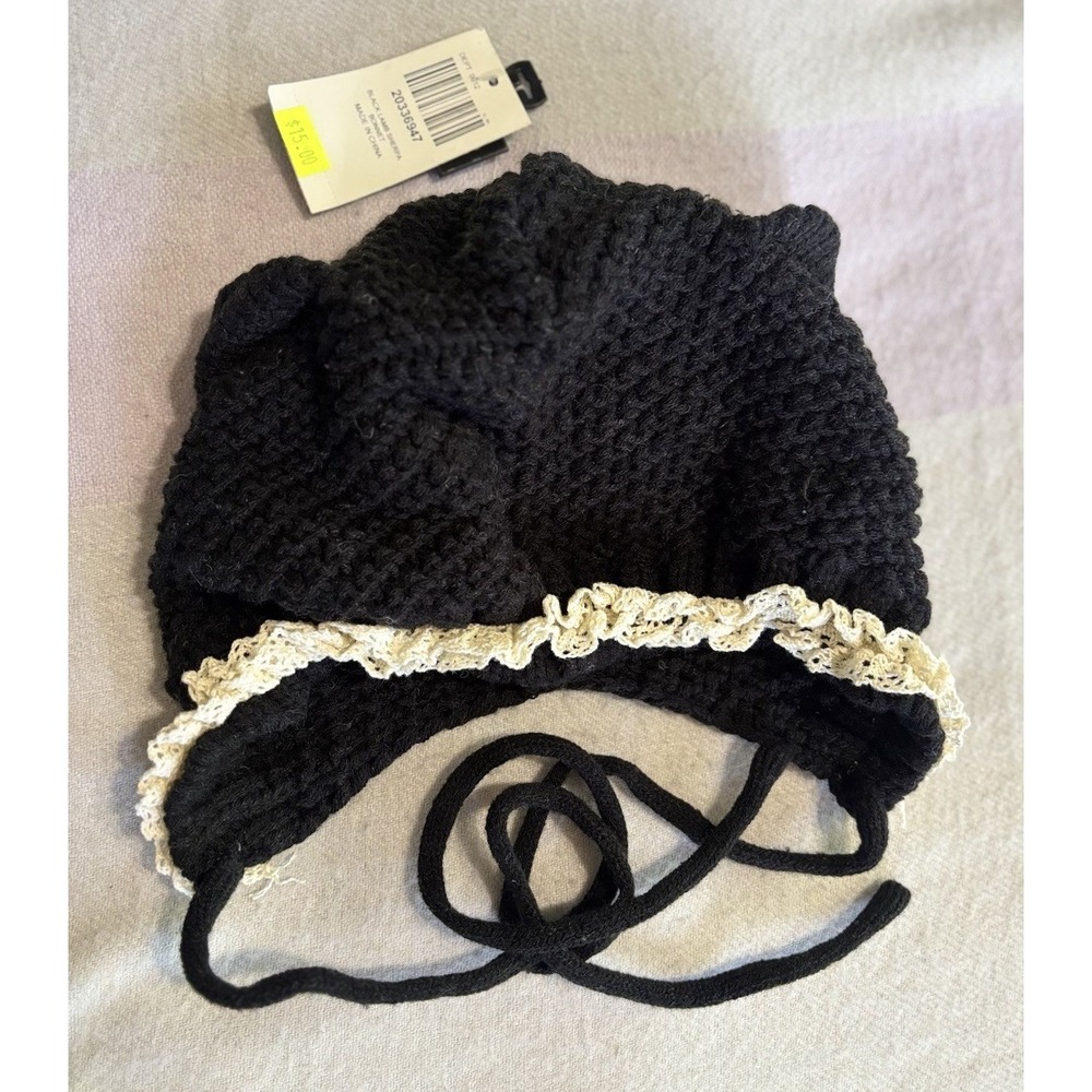 Hot Topic Black Crochet Lamb Sherpa Bonnet NWT Ears Drawstring Tie OS